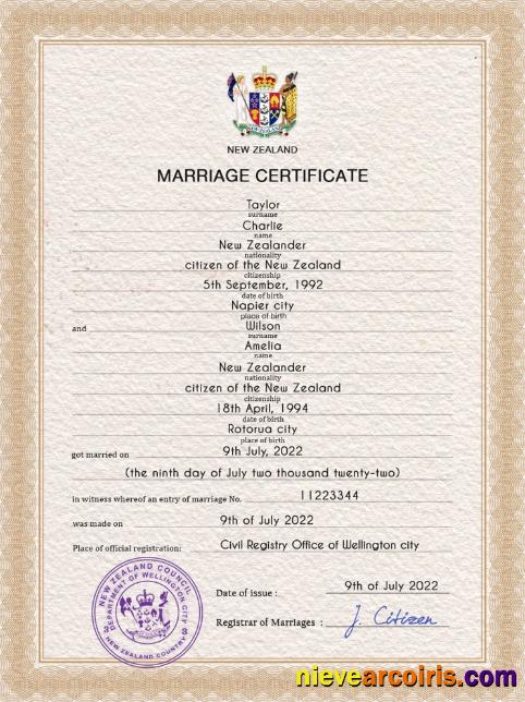 New Zealand marriage certificate